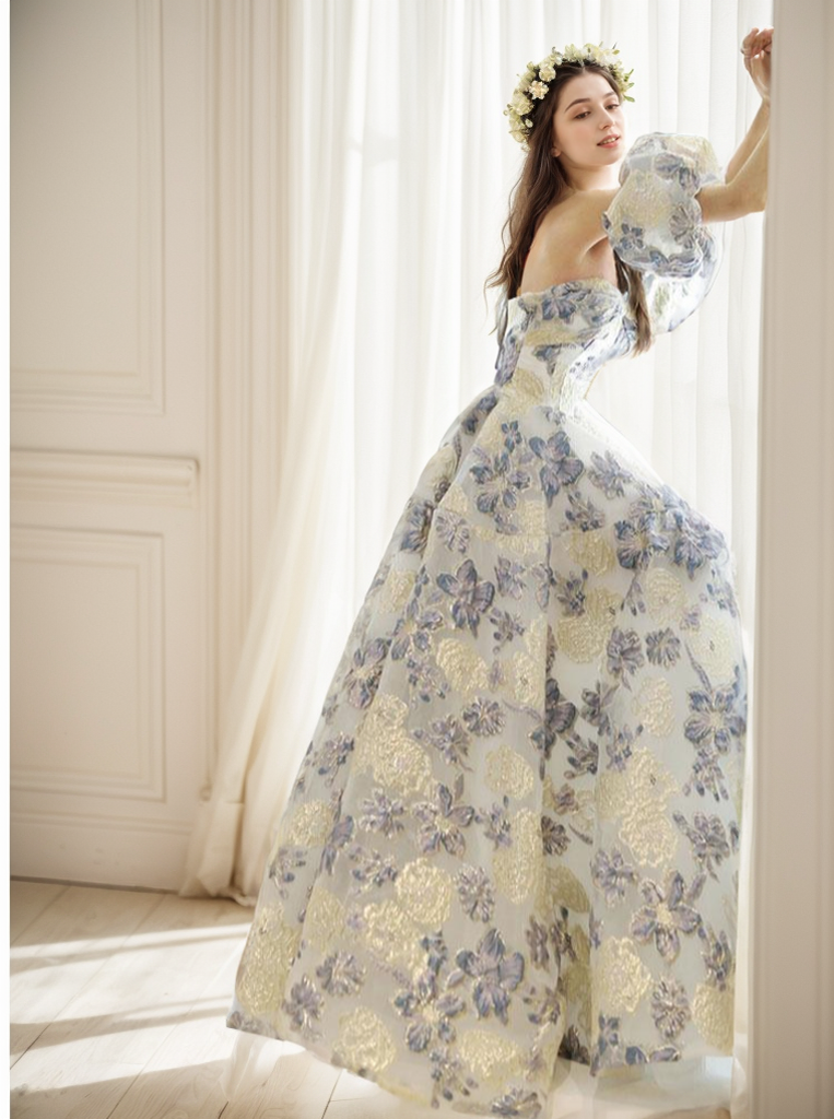 Elegant Elora prom dress by SelenaHuanStudio featuring golden blue floral embroidery and off-the-shoulder design.