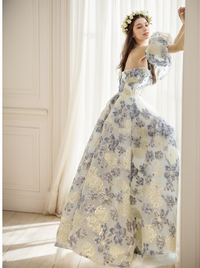 Elegant Elora prom dress by SelenaHuanStudio featuring golden blue floral embroidery and off-the-shoulder design.