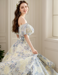 Elora golden blue floral embroidered off-the-shoulder princess prom dress by SelenaHuanStudio, featuring intricate embroidery and elegant design.