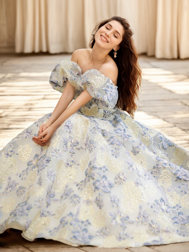 Elora gold and blue floral embroidery off-the-shoulder prom dress by SelenaHuanStudio, featuring a princess silhouette and elegant design.