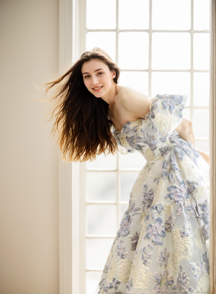 Elora prom dress by SelenaHuanStudio featuring golden blue floral embroidery, off-the-shoulder neckline, elegant princess style.