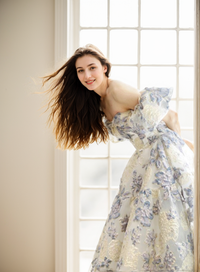 Elora prom dress by SelenaHuanStudio featuring golden blue floral embroidery, off-the-shoulder neckline, elegant princess style.