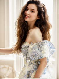 Elora golden blue floral embroidery off-the-shoulder princess prom dress by SelenaHuanStudio, detailed floral pattern and elegant design.