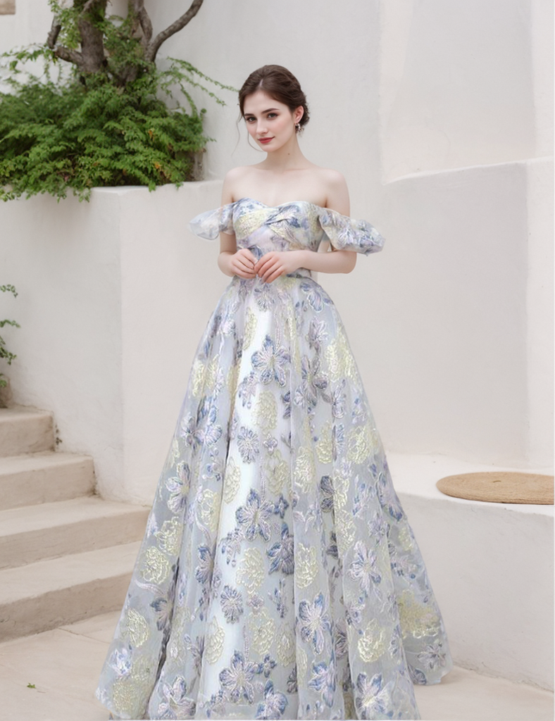 Golden blue floral embroidery on off-the-shoulder princess prom dress by SelenaHuanStudio, showcasing elegant details and flowing fabric.