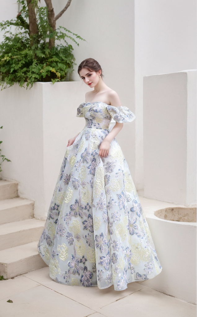 Elora princess prom dress by SelenaHuanStudio featuring gold and blue floral embroidery, off-the-shoulder design and elegant fit.