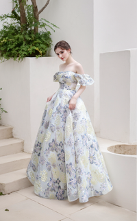 Elora princess prom dress by SelenaHuanStudio featuring gold and blue floral embroidery, off-the-shoulder design and elegant fit.