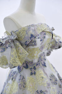 SelenaHuanStudio Elora prom dress with gold and blue floral embroidery, off-the-shoulder princess-style gown.