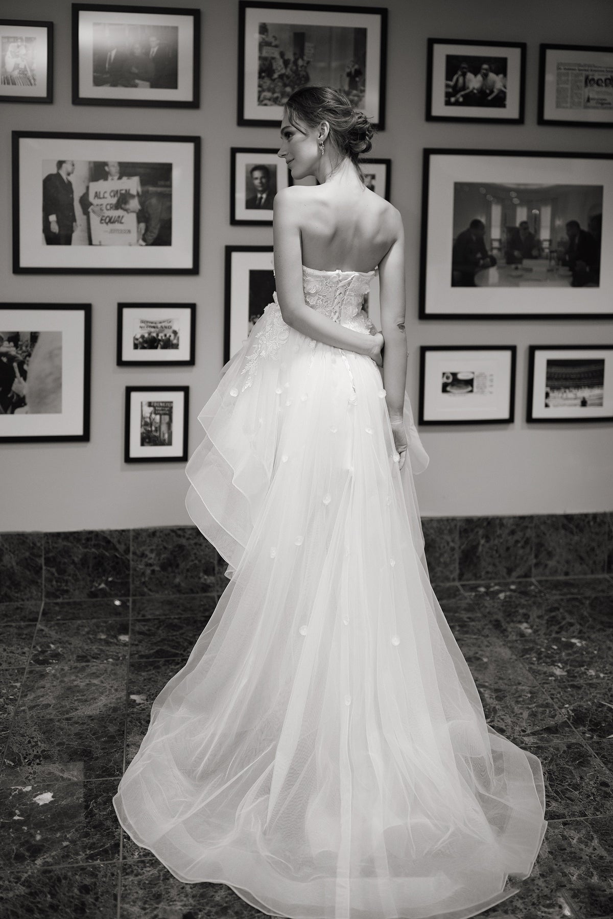 White strapless wedding dress with 3D floral lace, short on the front, long on the back, featuring detachable sleeves by SelenaHuanStudio.