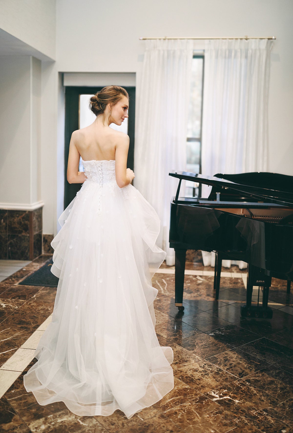 SelenaHuanStudio Musa white strapless prom dress with 3D floral lace, short long skirt, and detachable sleeves, perfect for wedding or prom.
