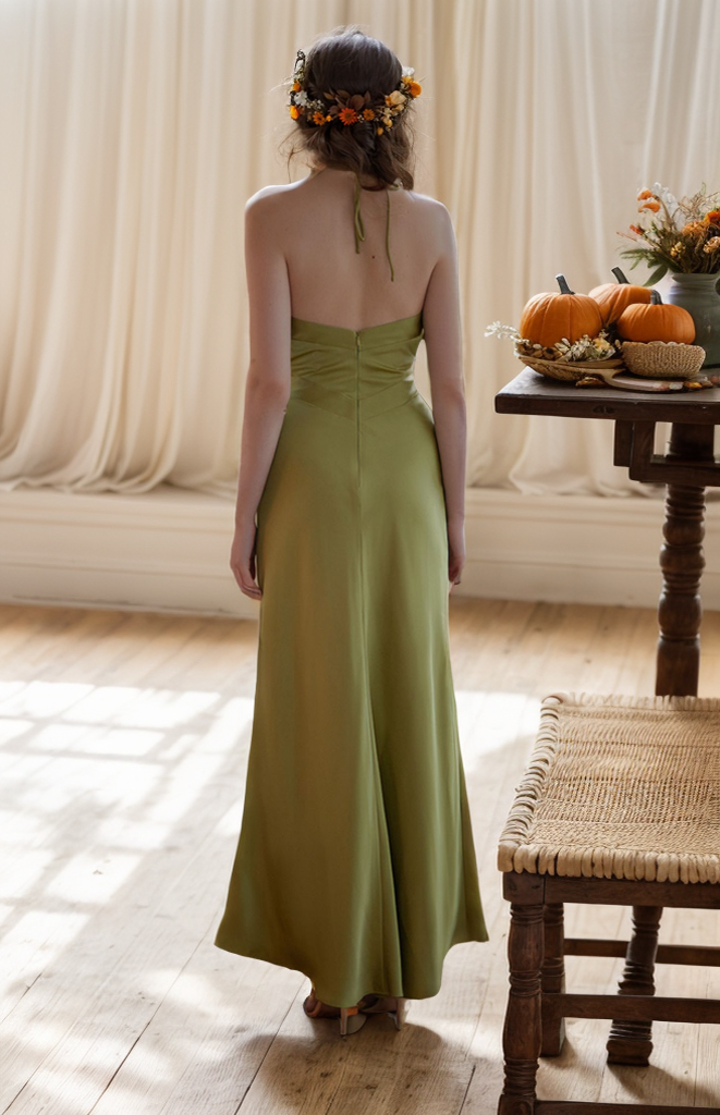 Silky satin goddess-style halter strap sheath prom dress in multiple colors, designed by SelenaHuanStudio.