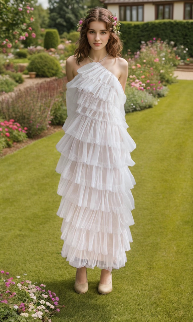 SelenaHuanStudio prom dress with haltered neck, layered ruffle tulle skirt, fit and flare silhouette, ankle-length tutu design.