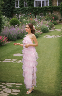 Elegant SelenaHuanStudio haltered sliding ruffle layered hem fit and flare tulle prom dress with ankle-length tutu skirt.