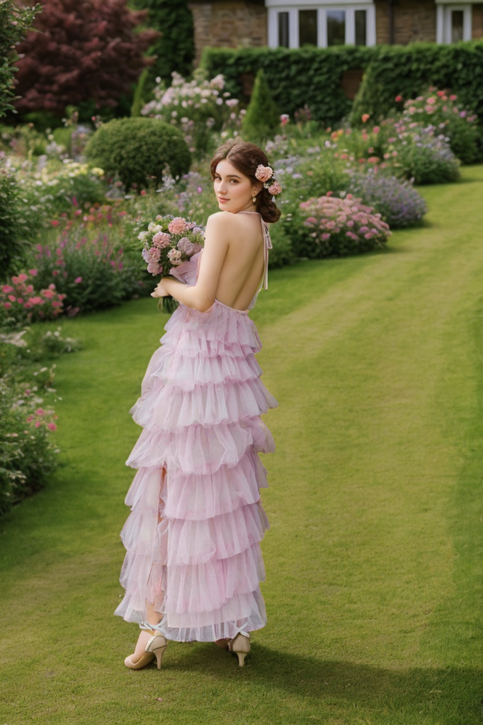 SelenaHuanStudio haltered layered ruffle tutu ankle-length prom dress with fit and flare silhouette and tulle fabric.