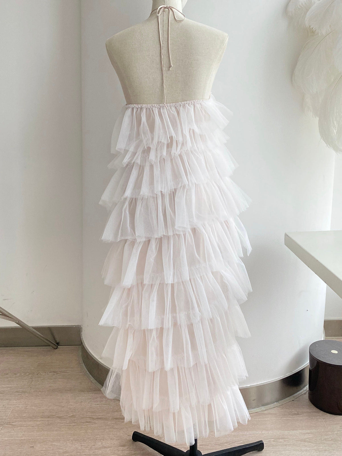 Pink haltered layered tutu prom dress with ruffle and fit-and-flare silhouette, ankle-length tulle skirt by SelenaHuanStudio