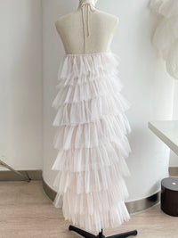 Pink haltered layered tutu prom dress with ruffle and fit-and-flare silhouette, ankle-length tulle skirt by SelenaHuanStudio