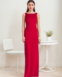 Stretchable satin prom dress with bateau neckline and hallowed back, designed as a modern pencil skirt by SelenaHuanStudio.