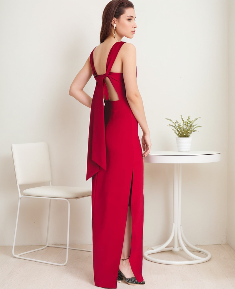 Stretchable satin prom dress with bateau neckline and hollowed back, designed by SelenaHuanStudio, pencil skirt style.