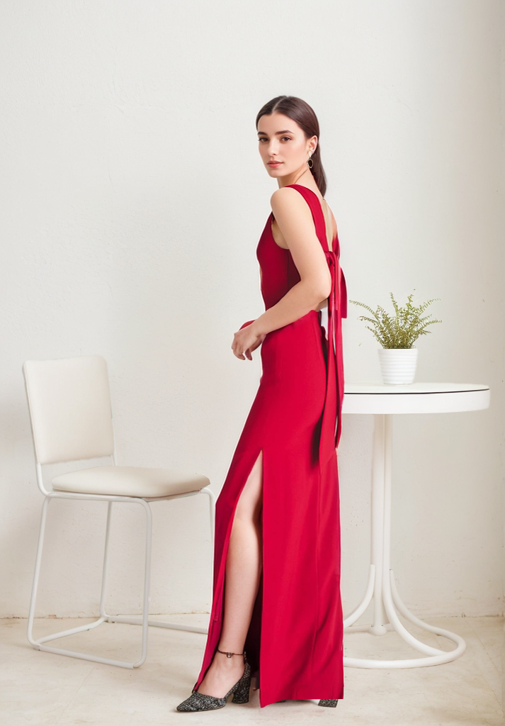 Elegant satin prom dress with bateau neckline and hollowed back, featuring a slim pencil skirt design by SelenaHuanStudio.