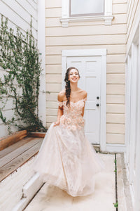 Rubi prom dress by SelenaHuanStudio features 3D apricot pink floral lace, off-the-shoulder design, A-line tulle for elegant occasions.