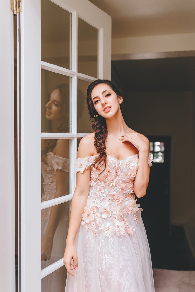 Rubi 3D apricot pink floral lace off-the-shoulder A-line tulle prom dress by SelenaHuanStudio, featuring intricate lace and elegant design