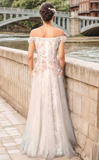 Rubi 3D apricot pink floral lace off-the-shoulder A-line tulle prom dress by SelenaHuanStudio styled shoot with floral details