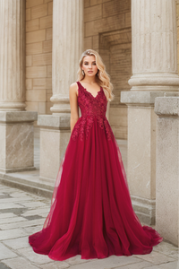 Ruby red Mysteria prom dress by SelenaHuanStudio featuring a deep V-neck, lace, and soft tulle fabric.