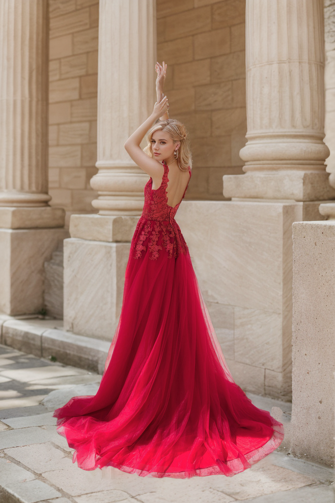 Ruby red deep V-neck lace prom dress by SelenaHuanStudio featuring soft tulle fabric and elegant fitted design.