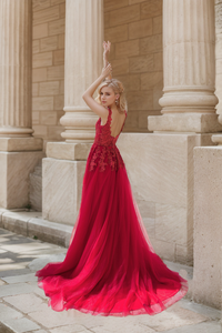 Ruby red deep V-neck lace prom dress by SelenaHuanStudio featuring soft tulle fabric and elegant fitted design.