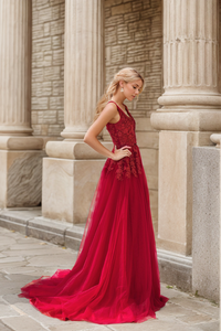 Ruby red deep V-neck lace prom dress by SelenaHuanStudio featuring soft tulle fabric and elegant design.