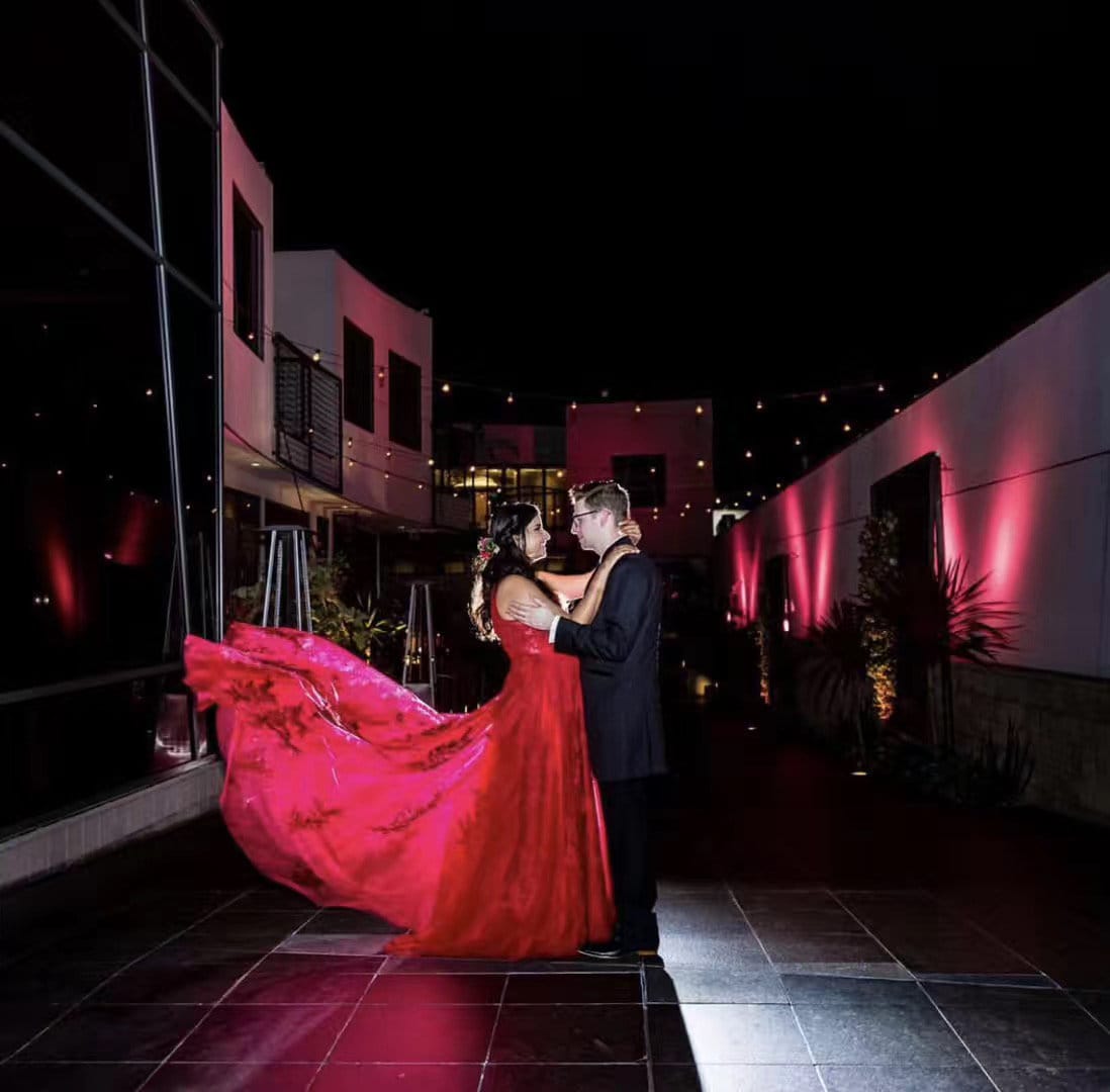 Ruby red deep V-neck lace prom dress by SelenaHuanStudio with soft tulle fabric, perfect for elegant wedding or prom occasions.
