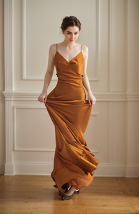 Vintage silky satin prom dress with deep V-neck, low back, ruffled pencil skirt, perfect for wedding or dance occasions.