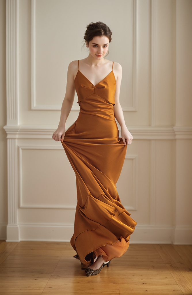 Vintage silky satin prom dress with deep V-neck, low back, ruffled pencil skirt, perfect for wedding or dance occasions.