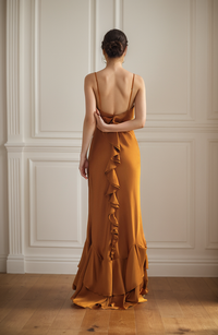 Vintage silky satin prom dress with deep V neckline, low back, ruffles, and pencil skirt design by SelenaHuanStudio.