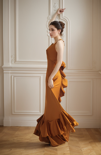 Vintage silky satin prom dress with deep V-neck, low back, ruffled details, designed by SelenaHuanStudio.