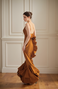 Vintage silky satin prom dress with deep V-neck, low back, ruffled details, pencil skirt, perfect for wedding or dance events.