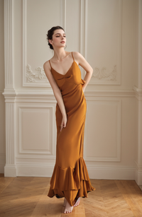 Elegant vintage silky satin prom dress with deep V neckline, low back, ruffles, and pencil skirt design by SelenaHuanStudio.