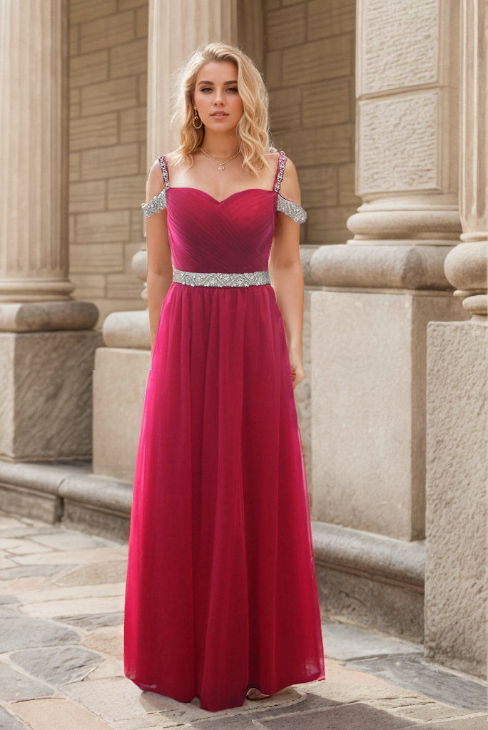 Ruby red crystal beaded off-shoulder prom dress with A-line silhouette and soft tulle fabric by SelenaHuanStudio.