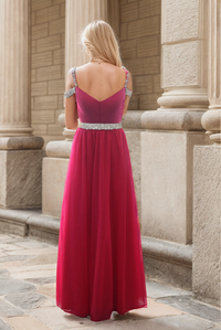 Ruby red crystal beaded off-shoulder prom dress with soft tulle A-line silhouette by SelenaHuanStudio.