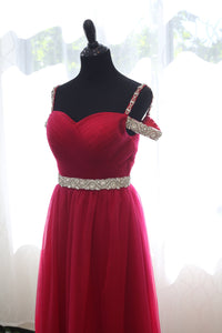 Ruby red crystal beaded off-shoulder prom dress with soft tulle A-line silhouette by SelenaHuanStudio.