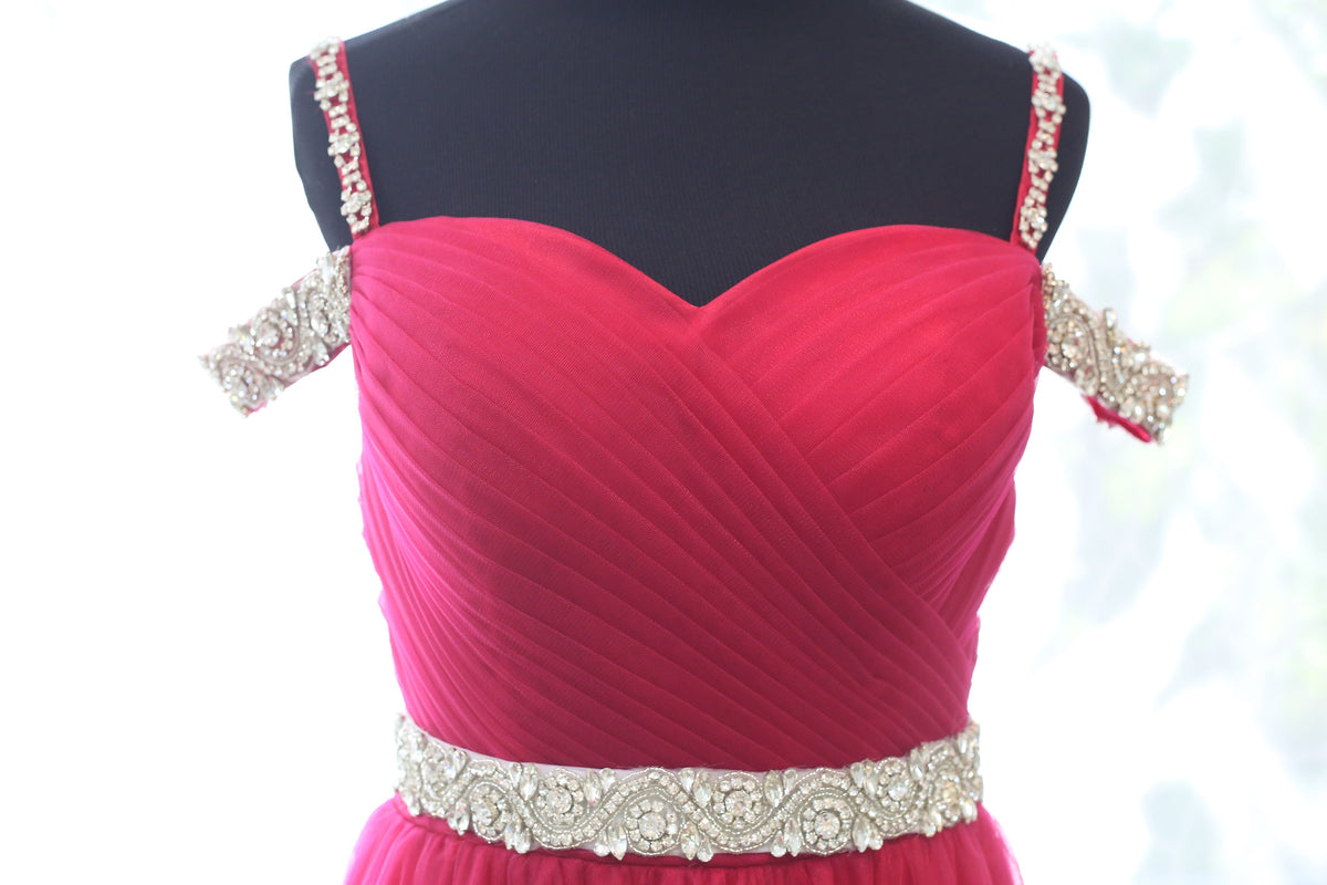 Ruby red crystal beaded off-shoulder prom dress by SelenaHuanStudio featuring an A-line silhouette and soft tulle fabric.