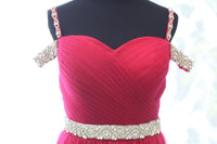 Ruby red crystal beaded off-shoulder prom dress by SelenaHuanStudio featuring an A-line silhouette and soft tulle fabric.