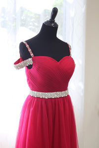 Ruby red crystal beaded off-shoulder prom dress with soft tulle A-line silhouette by SelenaHuanStudio.