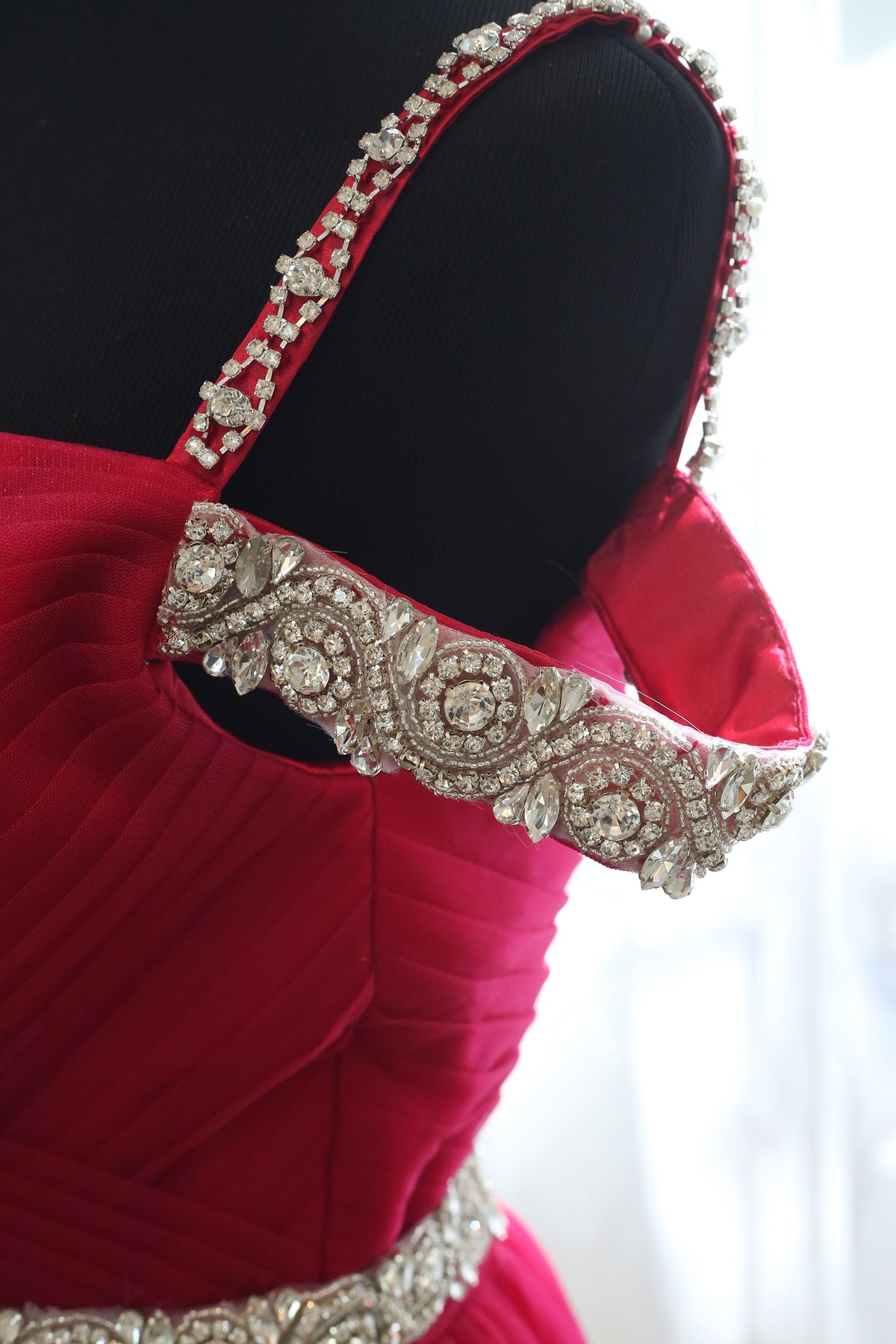 Ruby red crystal beaded off-shoulder prom dress with soft tulle A-line silhouette by SelenaHuanStudio