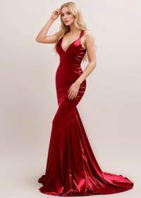 Sexy deep V-neck mermaid prom dress with tie-back satin fabric, featuring a fitted silhouette and elegant design by SelenaHuanStudio.