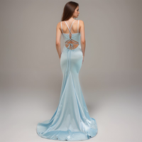 Silky satin mermaid prom dress with deep V neckline and tie-back design by SelenaHuanStudio, shown from back view.