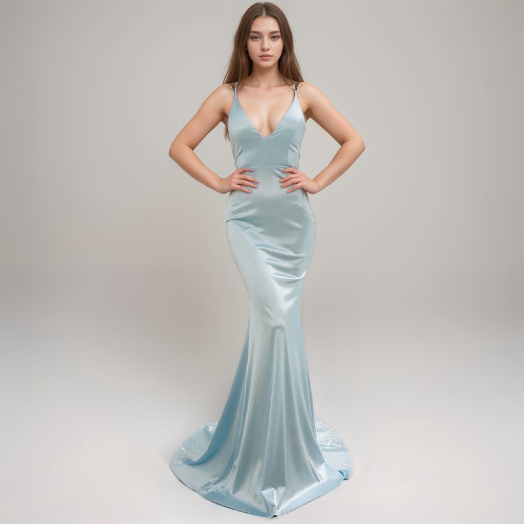 Silky satin mermaid prom dress with deep V neckline and tie-back design by SelenaHuanStudio, shown from the back in this image.