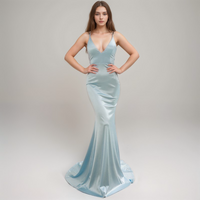 Silky satin mermaid prom dress with deep V neckline and tie-back design by SelenaHuanStudio, shown from the back in this image.