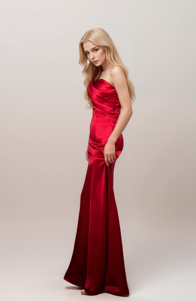 Sexy one-shoulder pleated mermaid prom dress in silky satin, featuring a fitted bodice and elegant design by SelenaHuanStudio