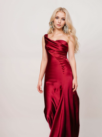 Sexy one-shoulder pleated mermaid prom dress in silky satin by SelenaHuanStudio, featuring a fitted bodice and elegant design.