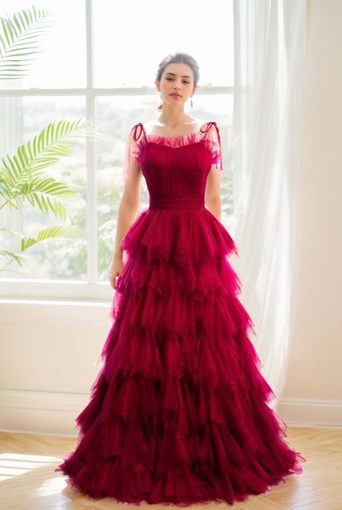 SelenaHuanStudio spaghetti-strap prom dress with pleated bodice, ruffle layers, and soft tulle tutu for elegant formal occasions.